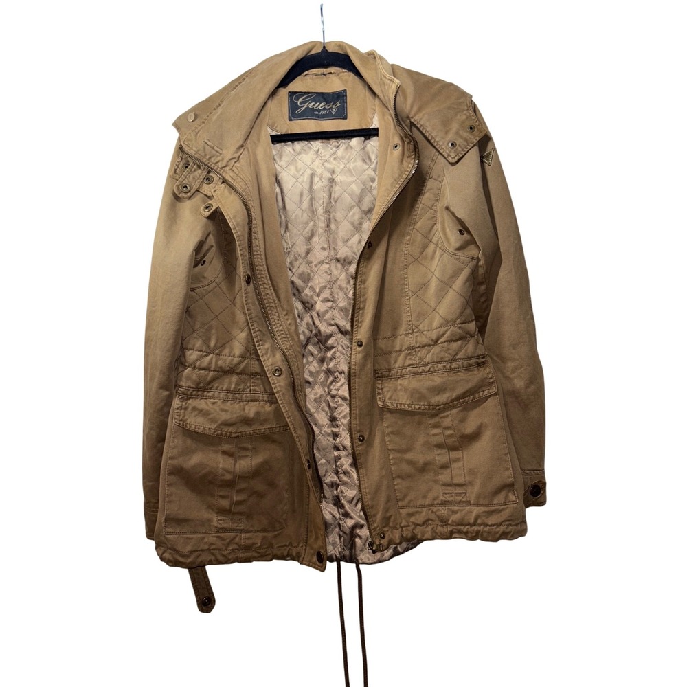 Size S/M Guess Women's Tan Hooded Utility Jacket Quilted Lined Drawstring Waist